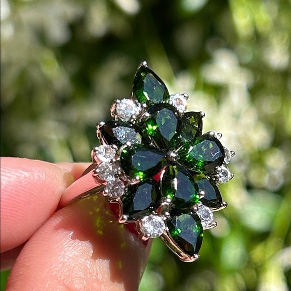 Sterling Silver Vibrant Green Chrome Diopside Floral Ring Size 10 - Picture 5 of 14
